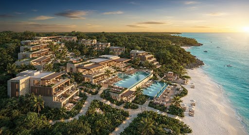 Architectural rendering of a luxury beachfront resort in the Riviera Maya at golden hour, with clean modern lines set against tropical jungle and turquoise water.