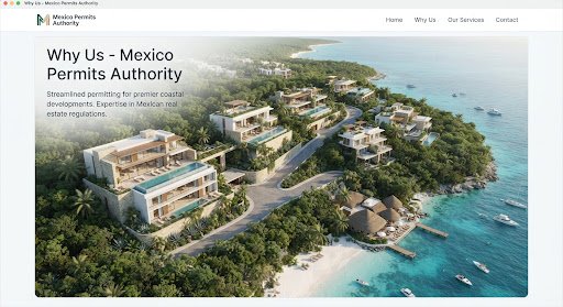 Aerial view of a luxury coastal development in Mexico: white modernist structures set into green jungle, meeting deep blue ocean water.
